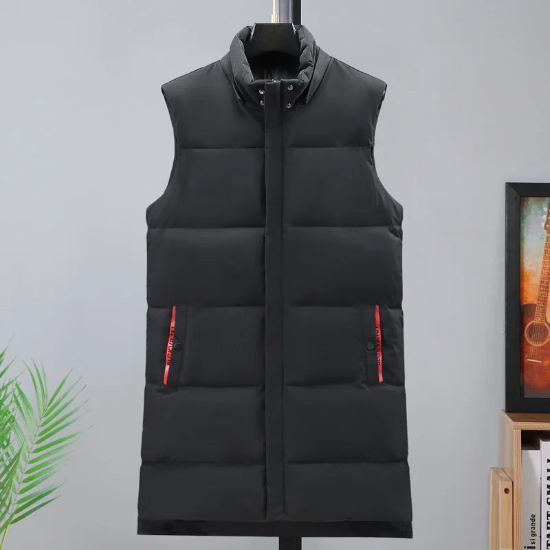 Autumn Winter Men Long Black Vest Hooded 2023 New Brand Fashion Thick Warm Cotton Padded Sleeveless Jacket Men\'s Clothes