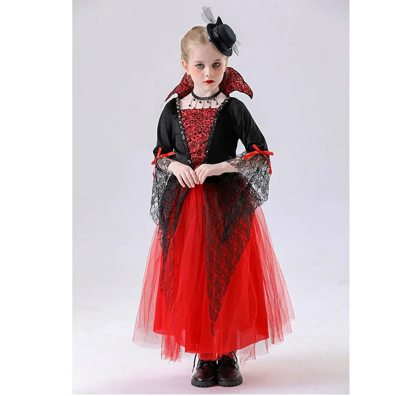 Mädchen Langarm-Teufel-Vampir-Kleid Kinder Spitzen-Tüll-Kleid mit Dreizack-Horn-Stirnband Halloween Cosplay Party Set – Detail 4