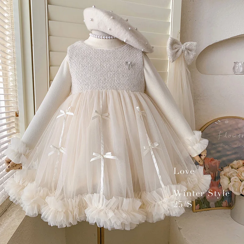 

Kids Girls Winter Two-piece Set Bow Appliques Mesh Toddler Girl Thick Warm Puff Princess Dress+half Turtleneck Infant Girl Shirt
