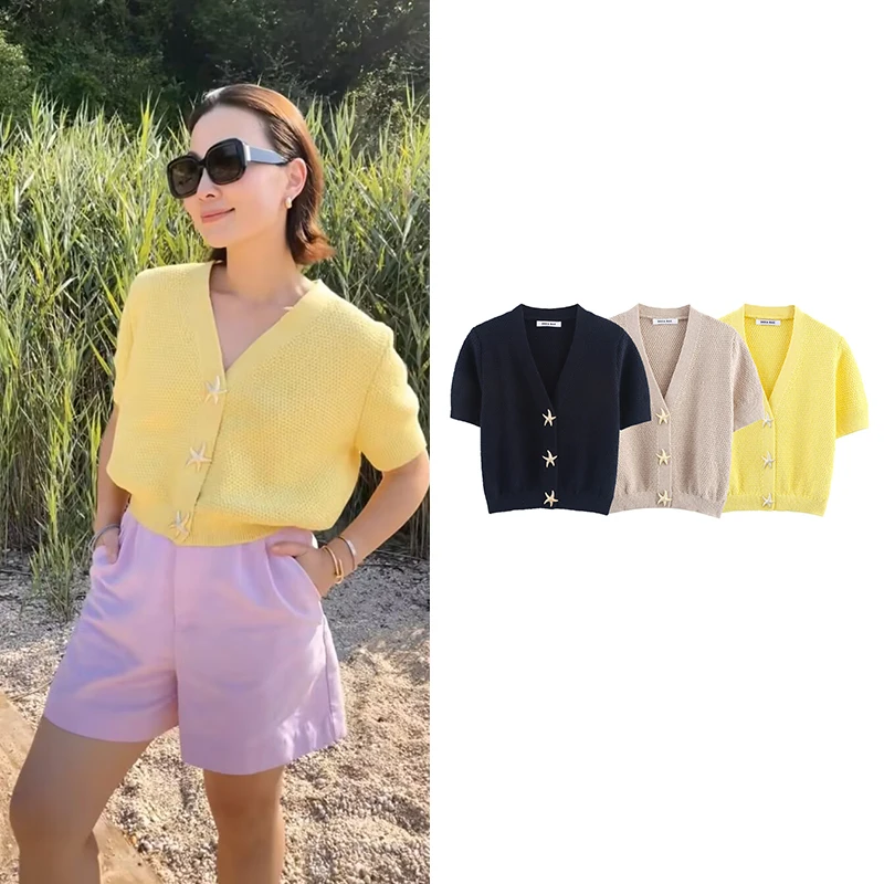 

Women's Sweater Summer 2025 New Knit Tops Fashion Elastic Slim V-neck Elegant Comfortable Sweater Chic Street Youth Travel Tops