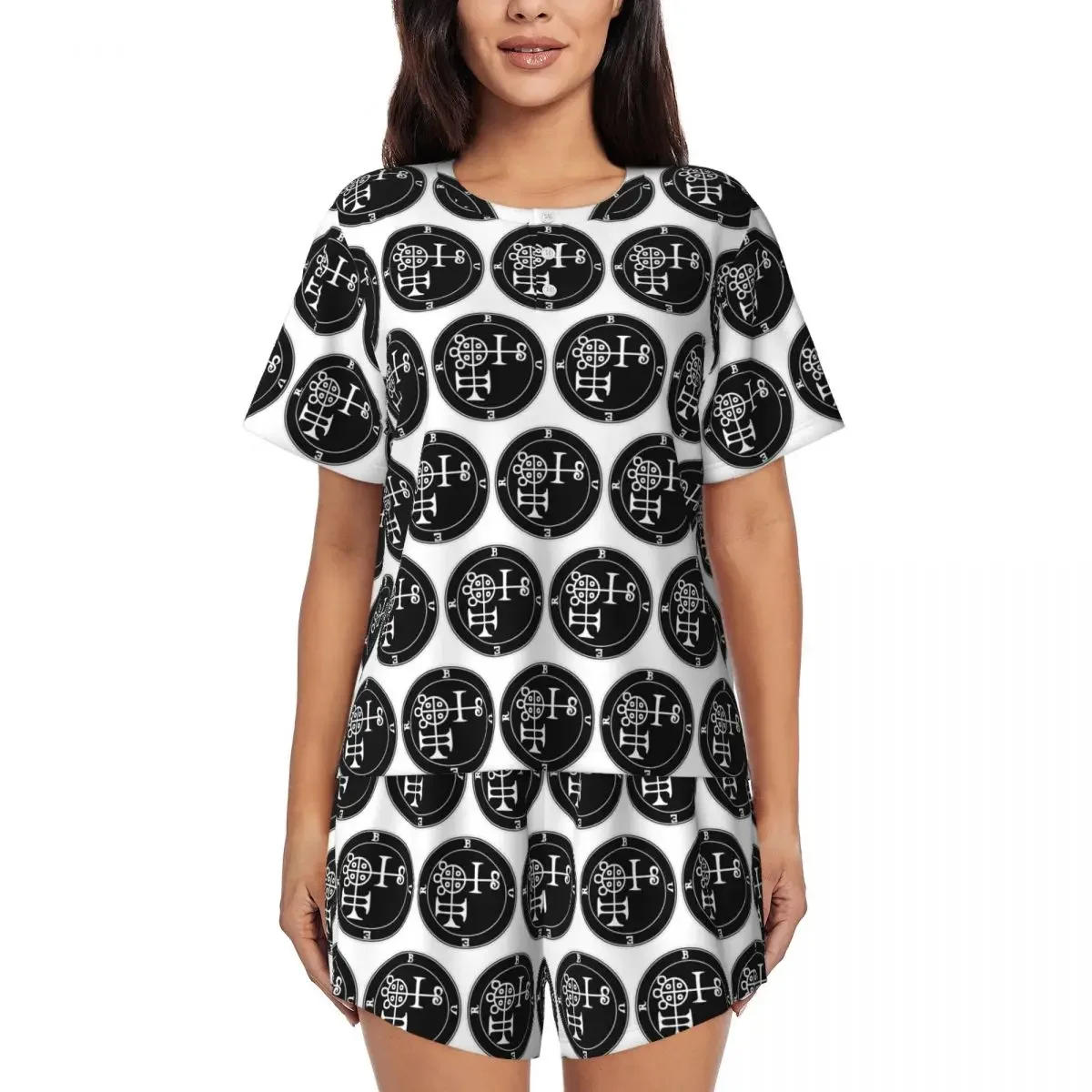 

Demon Buer Seal Round Neck Short Sleeves Nightdress for Sleeping Sleepshirts Women Loose Pajama Set Short Pants