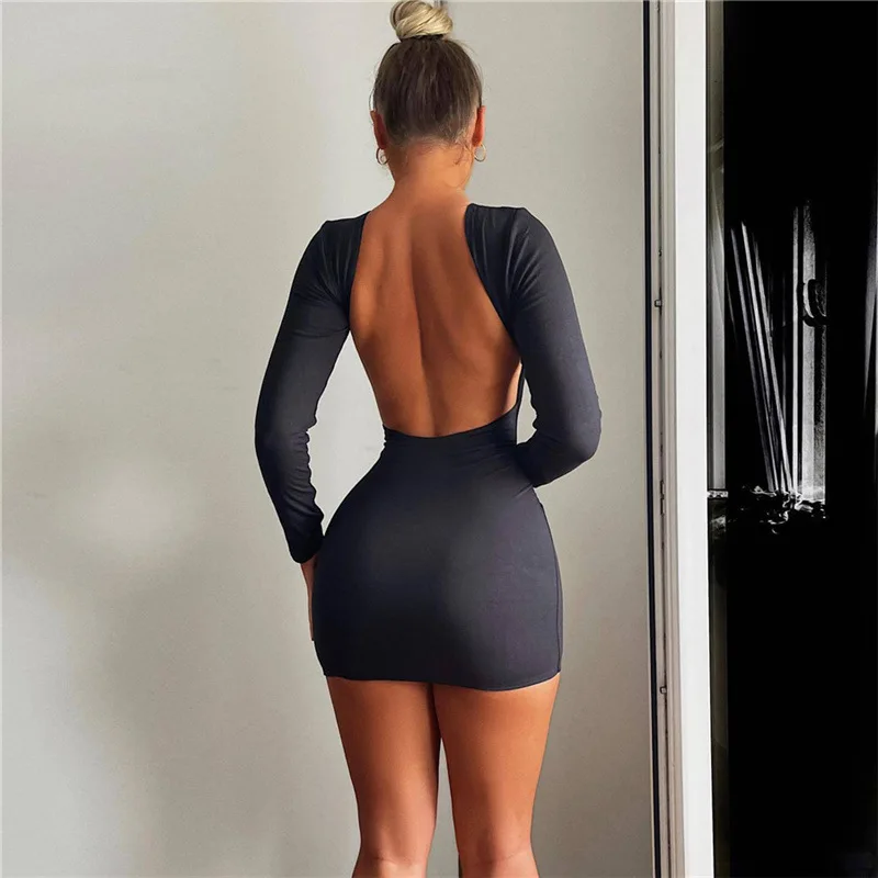 Cryptographic Autumn Fashion Sexy Open Back Solid Slinky Mini Dress Club Party Outfits Long Sleeve Round Neck Bodycon Dresses