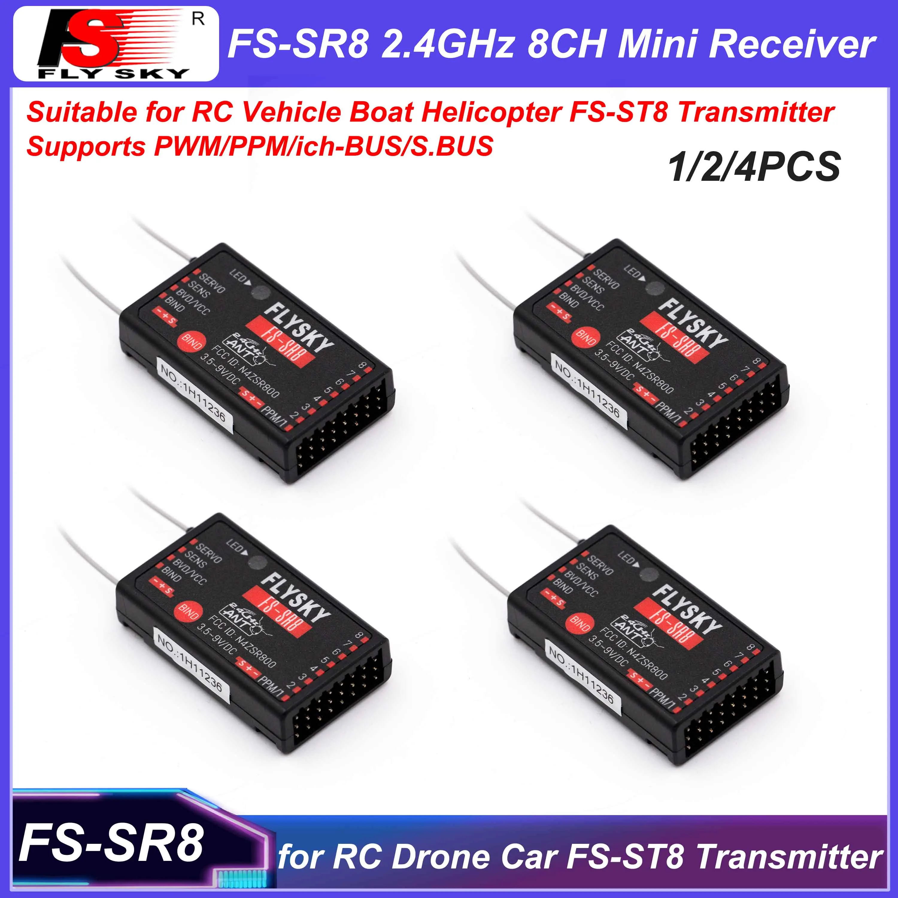 

1/2/4PCS FLYSKY FS-SR8 2.4GHz ANT Mini Receiver Remote Control for FS-ST8 Radio Transmitter RC Car Airplane Helicopter FPV Drone
