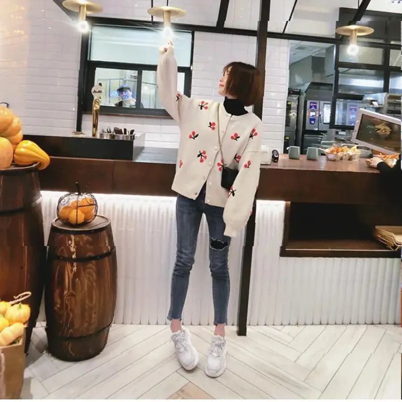 Spring Autumn Womens Cherry Pattern Short Knitted Cardigan Sweater Coat