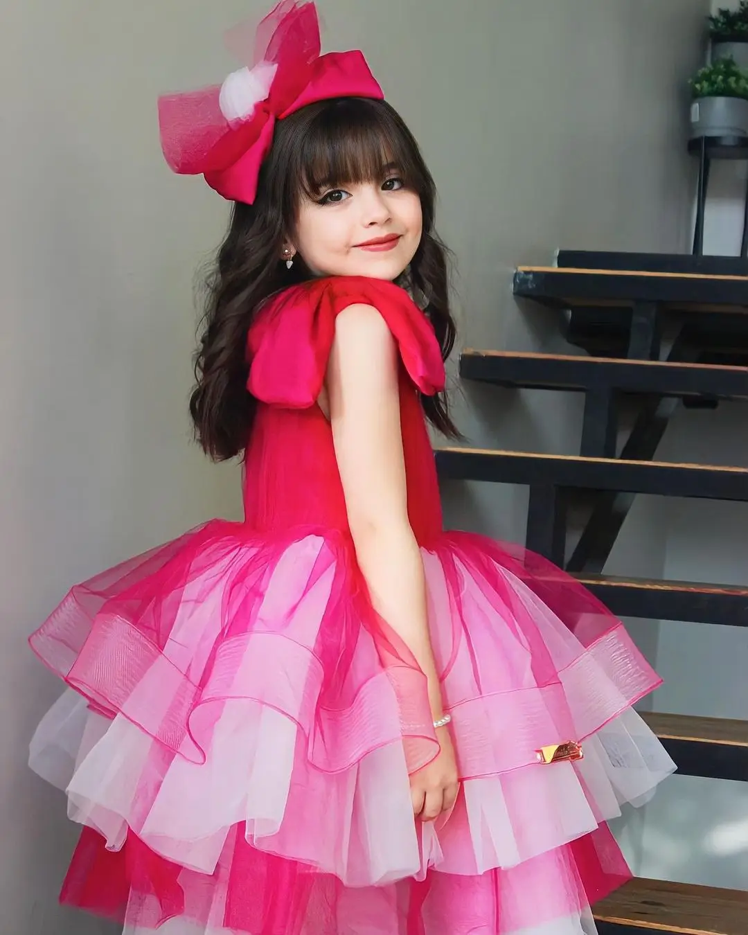 Rosa rosa tule vestido da menina de flor para casamento babados com arco inchado princesa festa aniversário primeira comunhão vestido baile