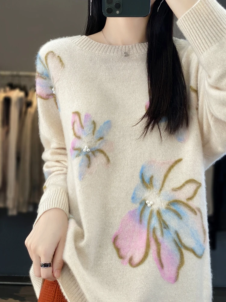 Yoyoselect New Autumn Winter Women 100% Merino Wool Pullover O-Neck Casual Sweater Pearl Flower Knitwear Korean Loose Clothing