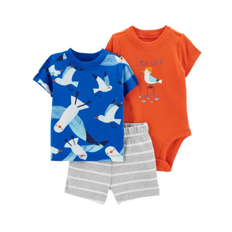 3Pcs Fashion Newborn Baby Boy Clothes Set Cute Cartoon Print Cotton Short Sleeved+Shorts+Jumpsit Infant Soft Toddler Clothing