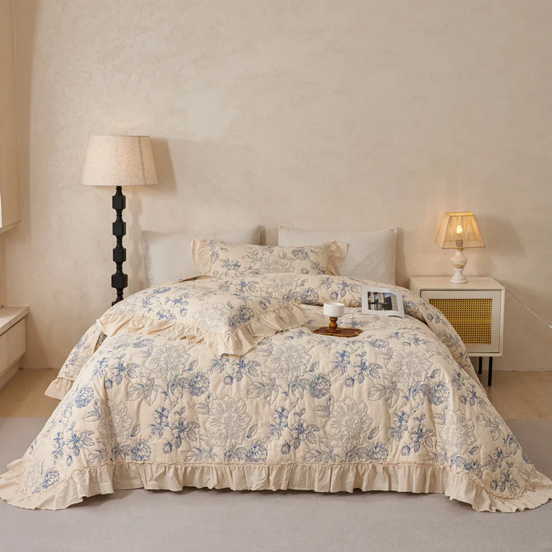 Embroidery Cotton Linen Quilted Bedspread Set 3PC Solid Color Lace Trim Coverlet Quilt, All Season Bed Blanket for Home Decor