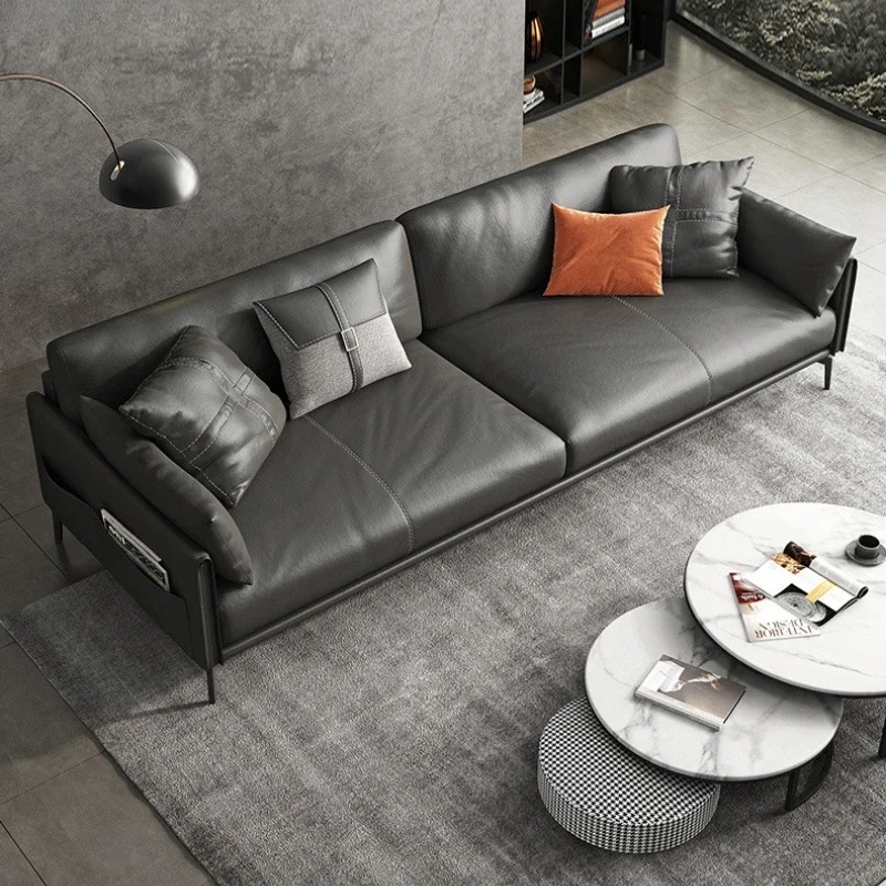 Italian minimalist leather sofa small apartment straight row three-person sofa first layer cowhide Nordic modern