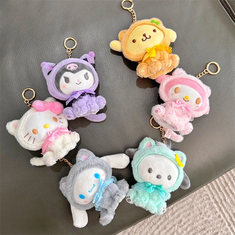 Sanrio Hello Kitty Keychain My Melody Kuromi Plush Keyring Kawaii Cinnamoroll Children Toys Keychains Cute Pompom Purin Gifts