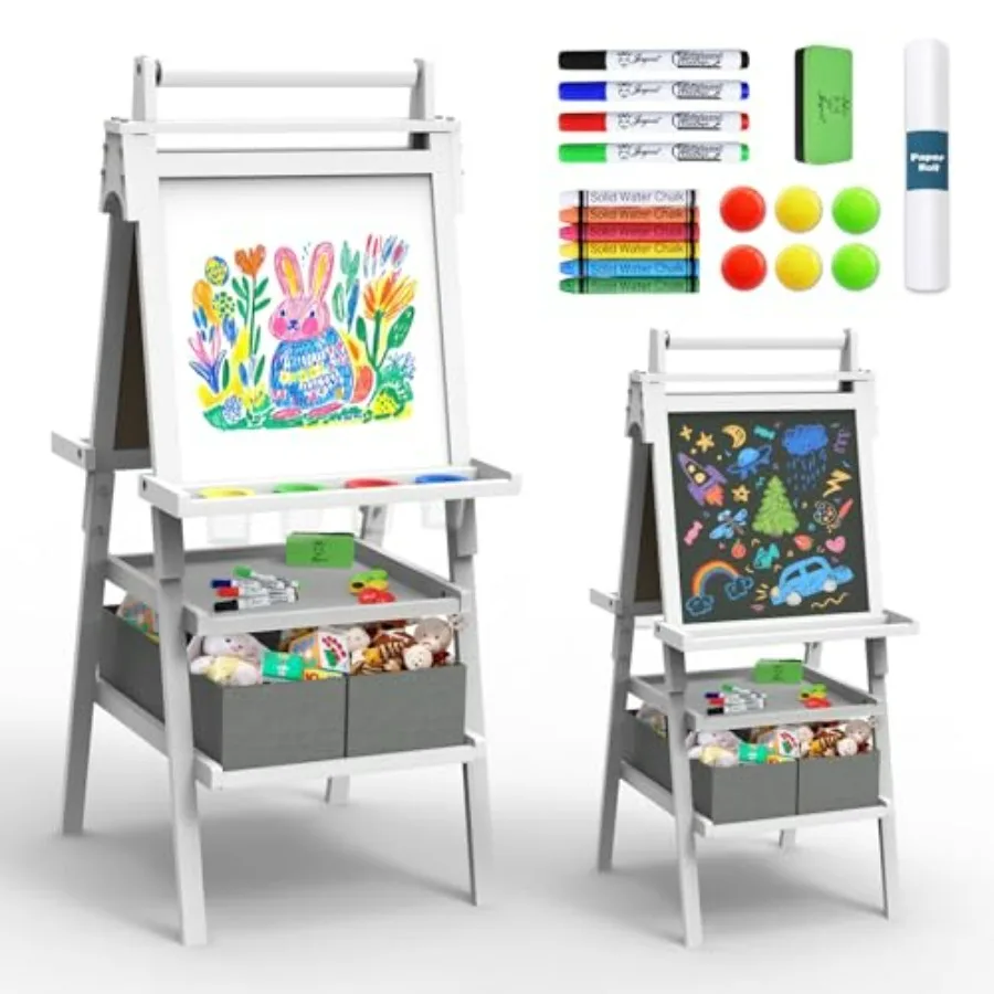 

Art Easel for Ages 4-8 Wooden Magnetic Whiteboard Chalkboard with Paper Roll Dry Erase Board Drawing Easel for Toddlers Ages 8-