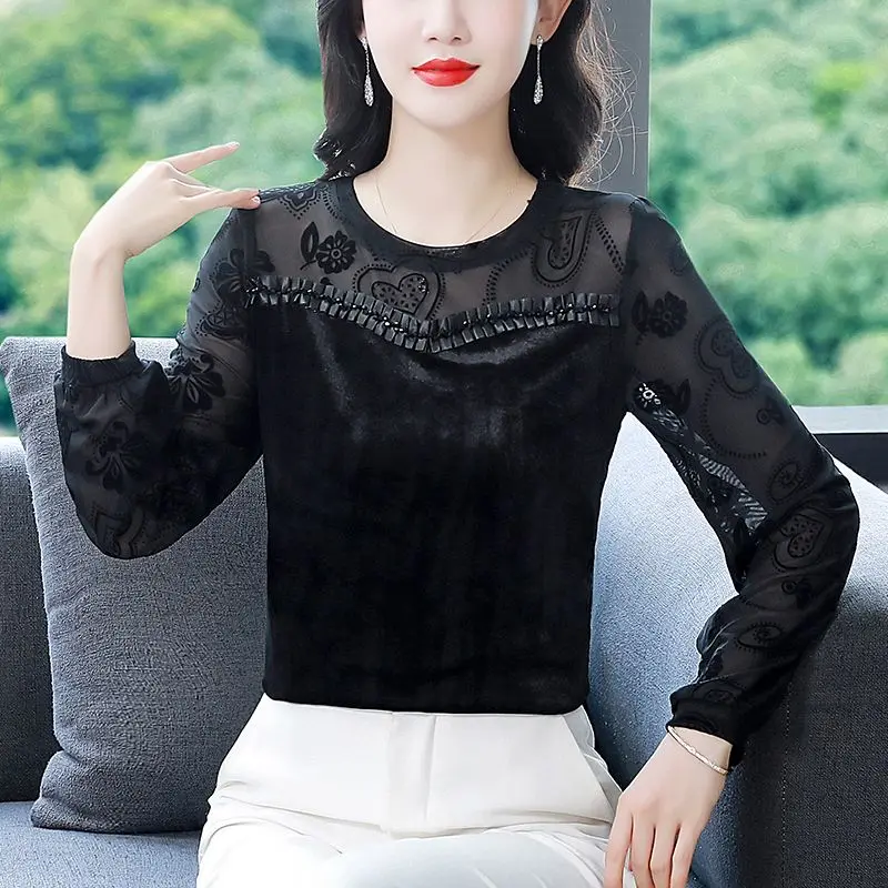 Women Stylish Print Patchwork Vintage Gold Velvet Basic T-shirts Elegant Chic O Neck Long Sleeve Loose Pullover Tops Ropa Mujer