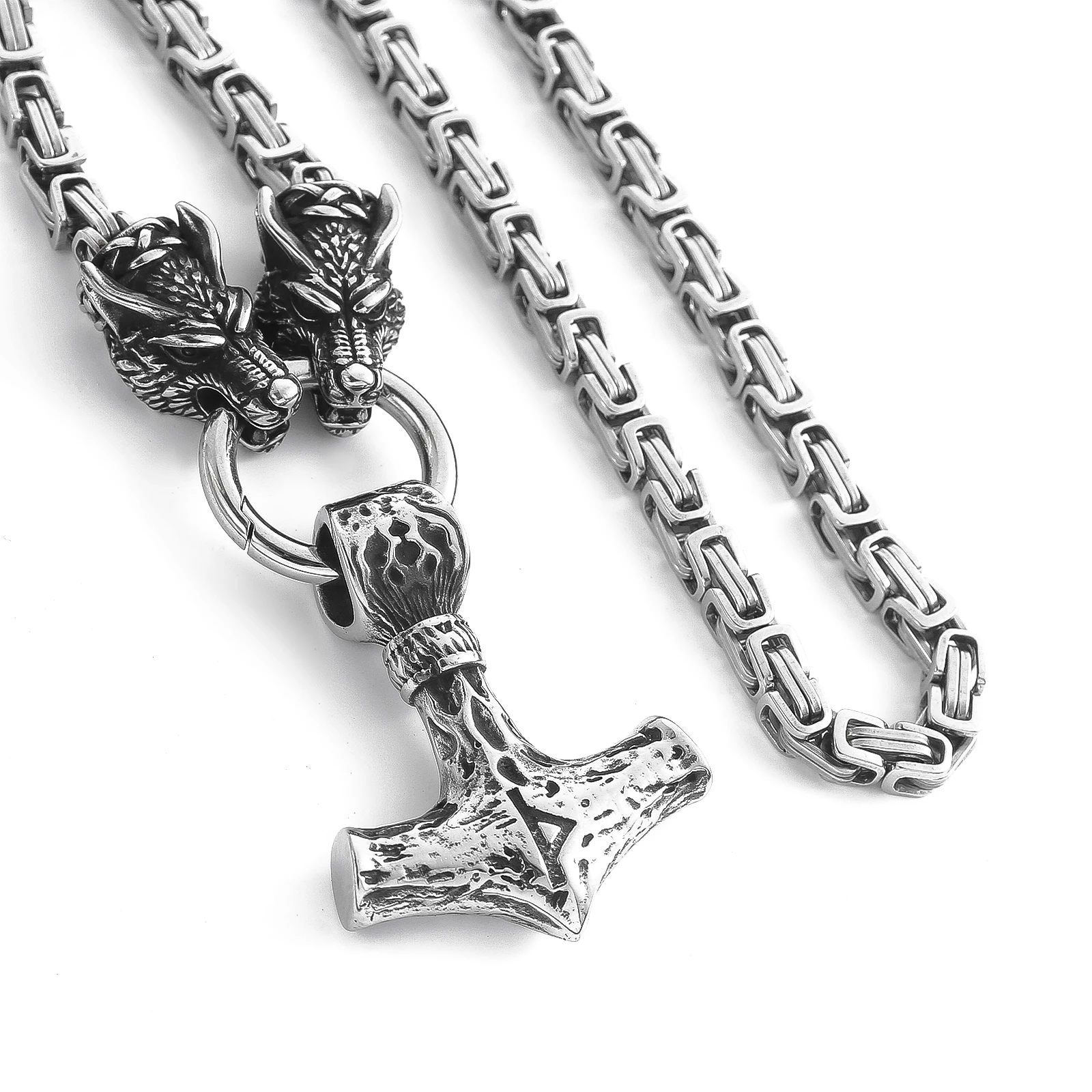 Stainless Steel Wolf Heads Thor's Hammer Pendant King Chain