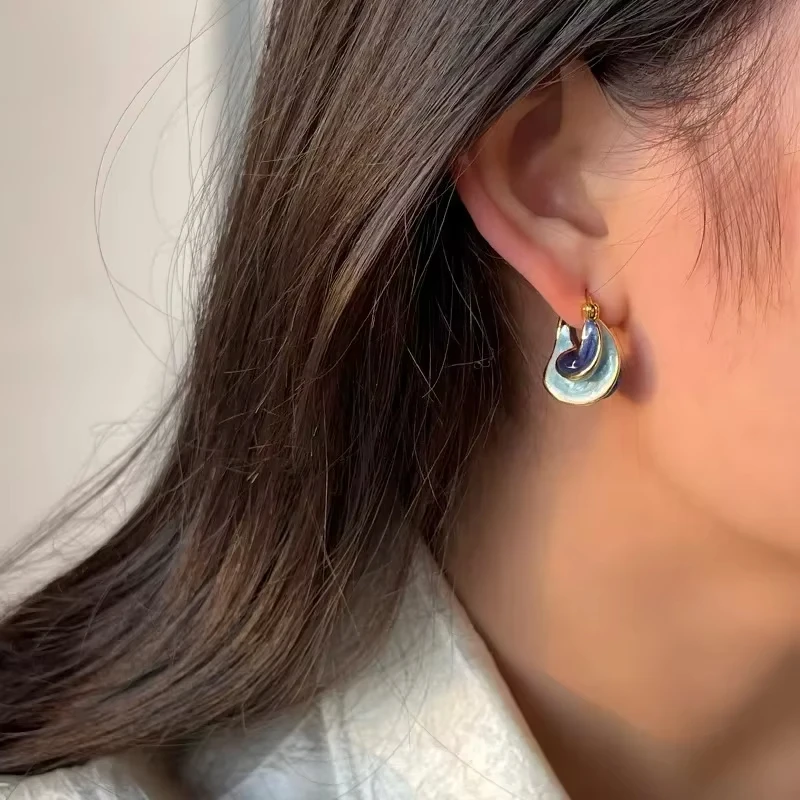 FTCY Enamel Blue Color Metal Texture Hoop Earrings for Women Retro Geometric Creative Women\'s Earrings Jewelry Gifts