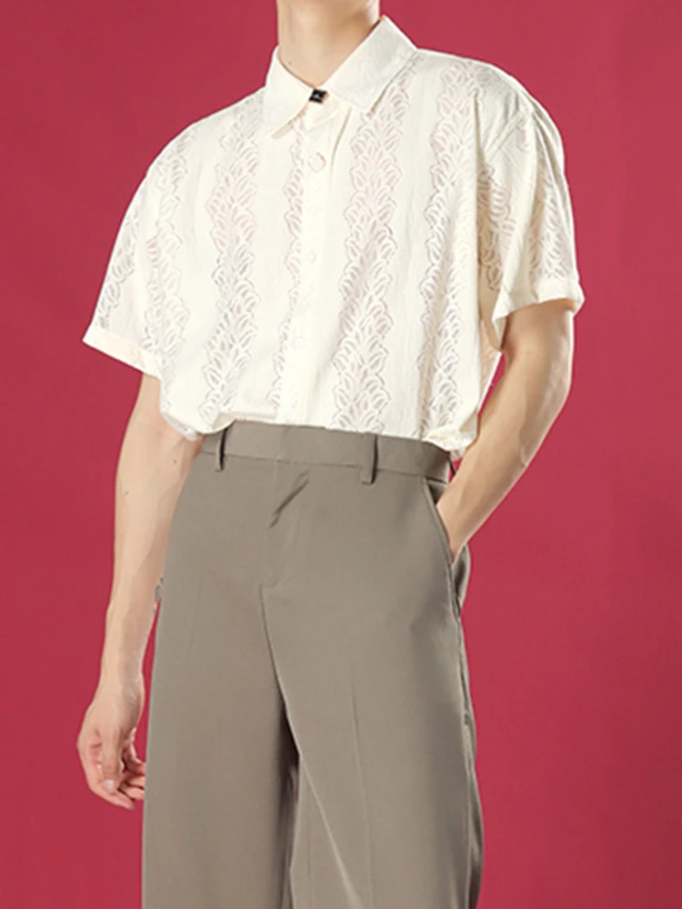 

Vintage Florals Embroidery Hollow Out Shirt 2025 Summer Casual Breathable Knitted Tops Men Fashionable Short Sleeve Lapel Shirt