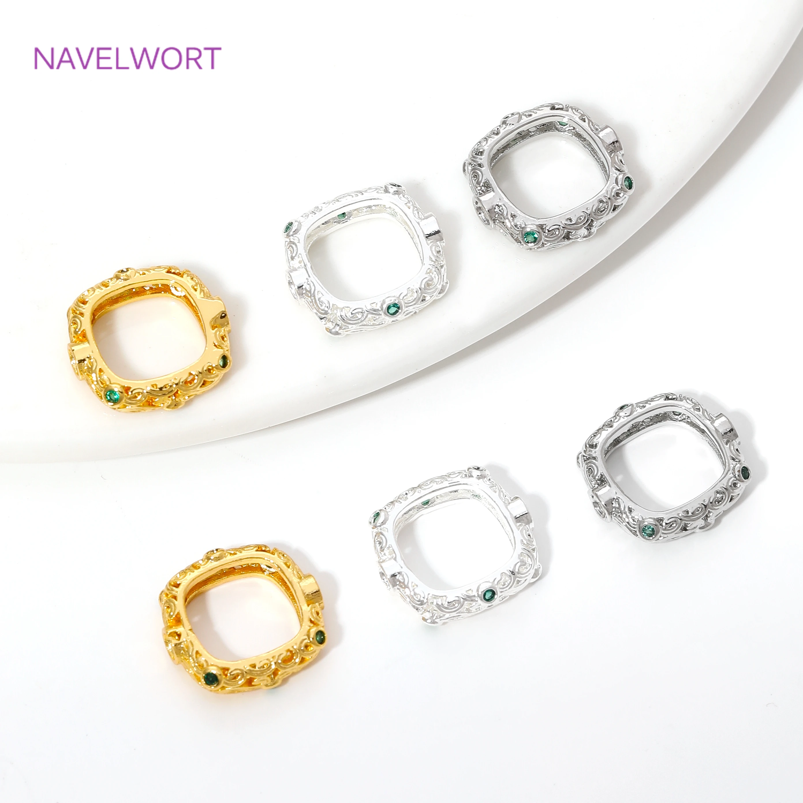 18K Gold Plated Square Frame Beads Connector,with Zircon Through Hole Bead,For DIY Bracelet/Necklace Jewelry Making Supplies