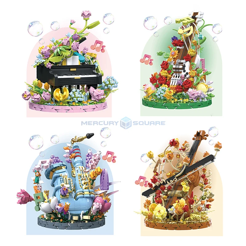 Flower Musical Instrument Series Model Building Blocks MOC Guitar Sax Violin Piano Collection Bricks Ideas Ornaments Toy Gift