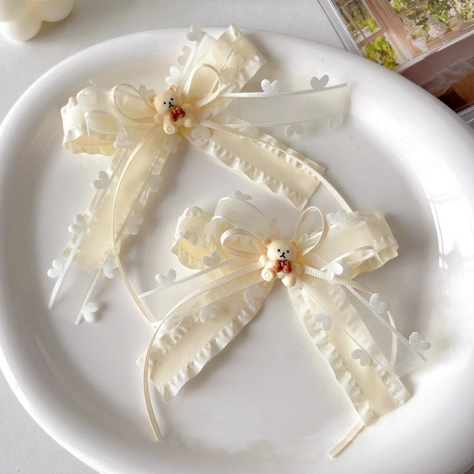 

2PCS Cute Cream Multi-Layer Ribbon Hair Clips Bangs and Seaside Clips Hair Rope Double Ponytail Headwear