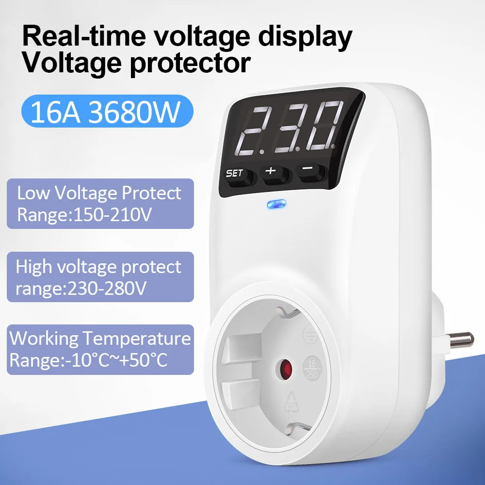 Digital Voltage Protector Socket AC 230V Adjustable 16A Power Surge Protector Socket EU Plug with Automatic Reset Function