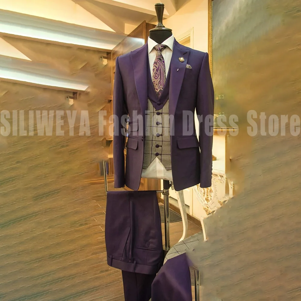 

Elegant Wedding Groom Tuxedo 3 Pieces Jacket Pants Vest Blazer Set Fashion Trousers Slim Fit Business Casual Trajes Para Hombre