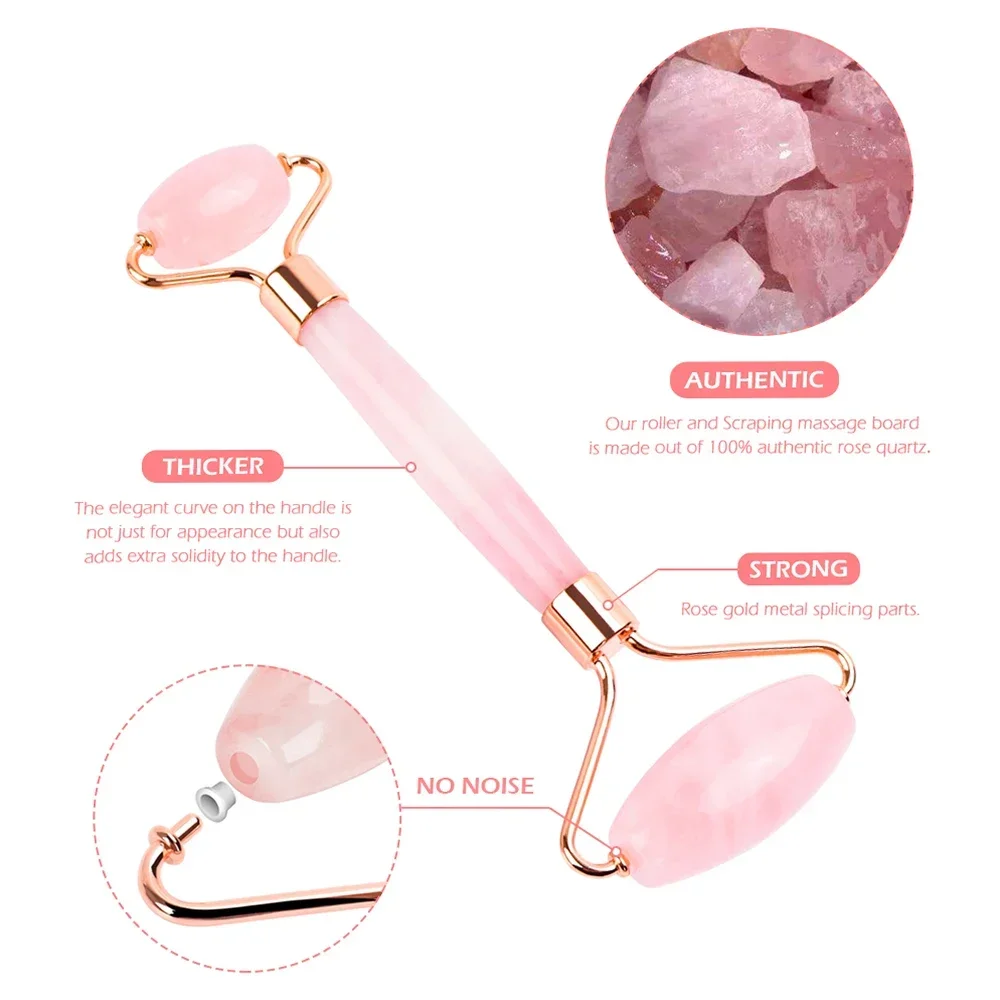 Natural Rose Quartz Jade Roller Gua Sha Set Facial Body Massager Gua Sha Scraper for Face Eye Neck Skin Care Tool Gift Bag Box