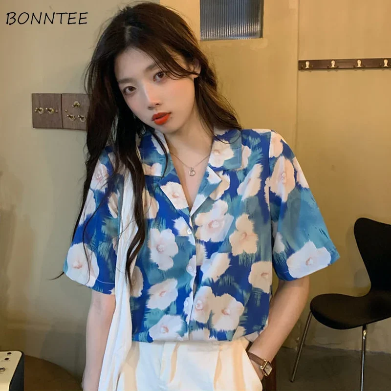 Shirts Women Panelled Floral Loose Korean Style Leisure Trendy Slim BF Ulzzang Popular Female Top Blusas Streetwear Holiday Ins