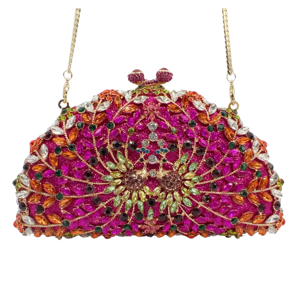

Fuchsia/Hot Pink Rhinestone Evening Bags Fan Women Diamond Wedding Purses Crystal Party Minaudiere Lady Dinner Cocktail Clutches