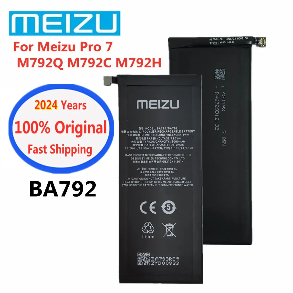 

2024 Years Original BA792 Battery For Meizu Pro7 Pro 7 M792H M792Q M792C 3000Ah Mobile Phone Battery Bateria In Stock