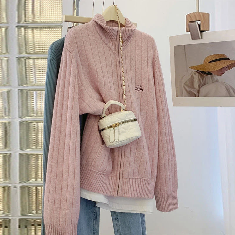 Women's Clothing Autumn Winter Pink Embroidery Stand Collar Zipper Knitted Cardigan Korean Casual Long Sleeve Loose Sweater Coat