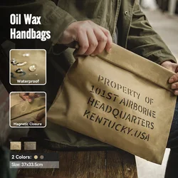 Maden Oil Wax Canvas Handbag Men's Vintage Handbags Khaki Print Purse Envelope Capacity Money Bag Magnetic Buckle Long Wallet