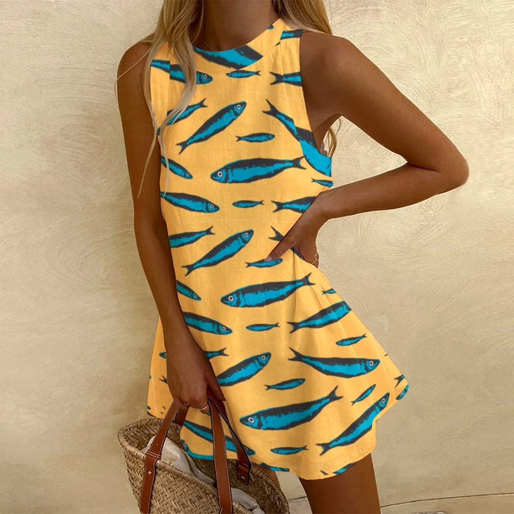 Vintage Yellow Dress Sleeveless Sexy High Waist Casual Beach Dress Women Sardines Graphic Print Elegant Party Dress New