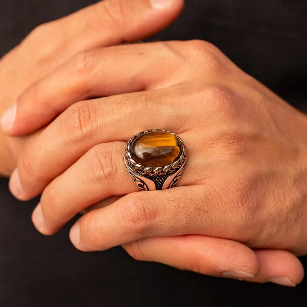 Brown tiger eye stone men and women retro new trend ring Turkish handmade spiral carving ring party niche jewelry