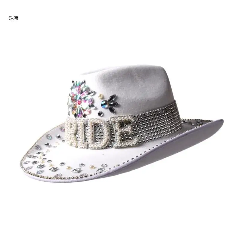 

X5QE Cowgirl Hat with Shimmering Rhinestones for Bachelorette Party Encrusted Rhinestones Western Cowgirl Hat for Bride