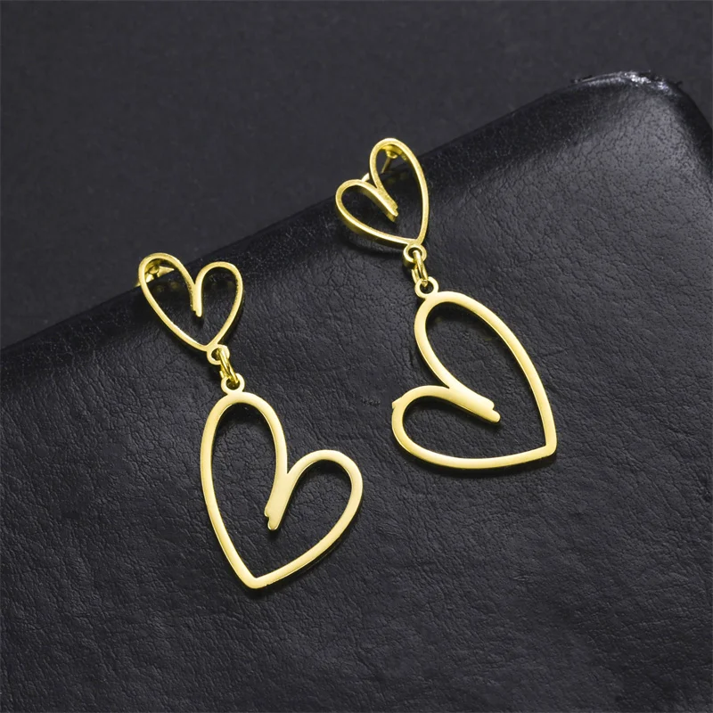 Two Hearts Stainless Steel Hoop Earrings For Women Fashion Gold color Sweet Simple Heart Dangle Stud Earring Trend Jewelry Gift