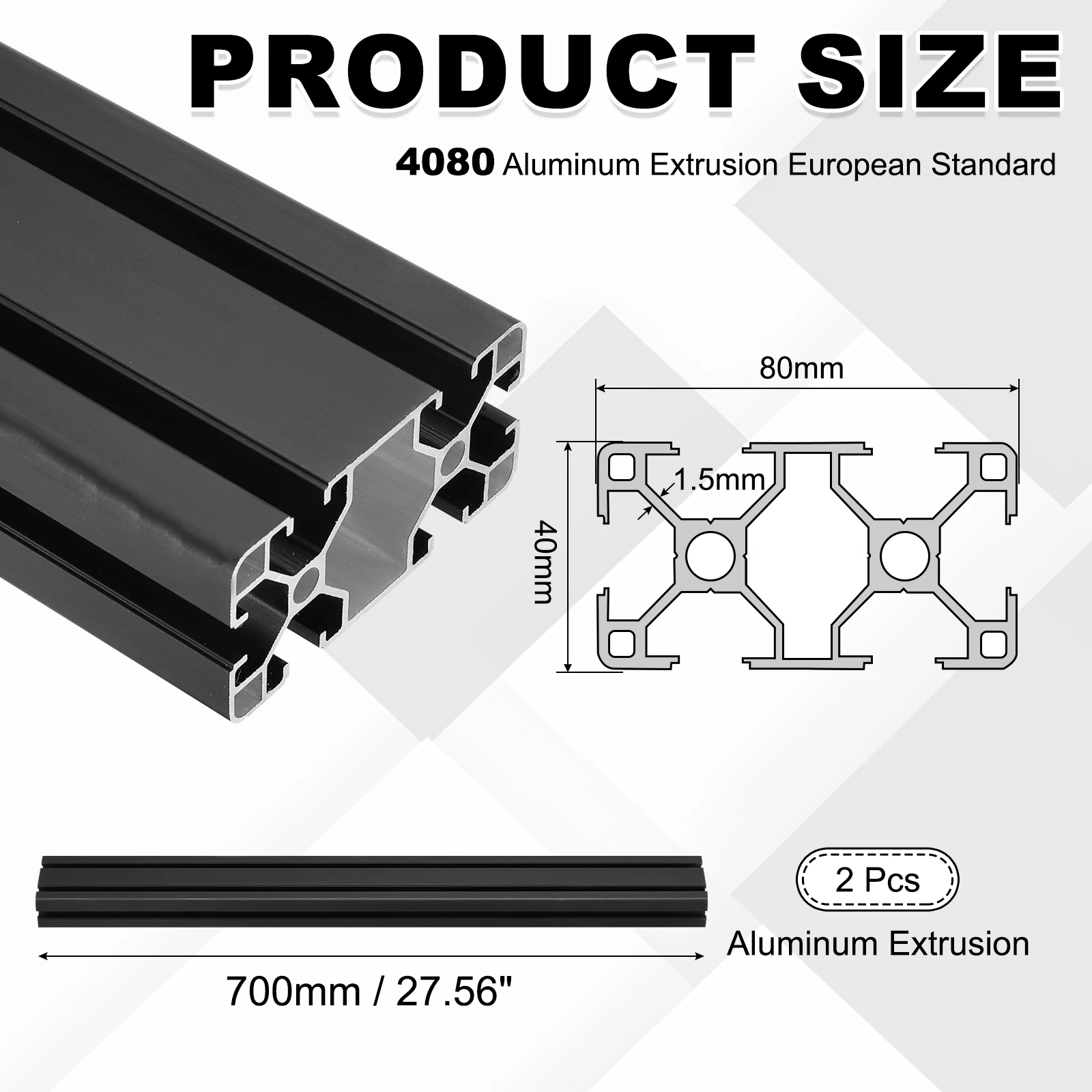 2Pcs 200-800mm 4080 Aluminum Extrusion Profile European Standard Anodized Linear Rail for 3D Printer Part CNC DIY Black/Silver