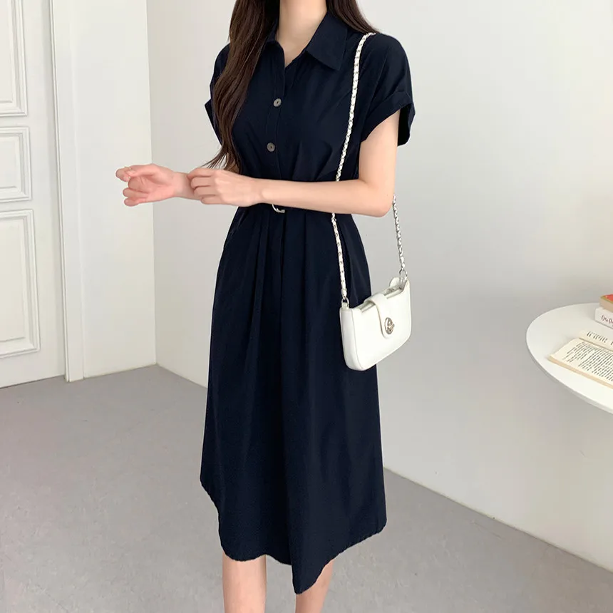 Women's Summer New Lace Up Short Sleeved Long Shirt Dress