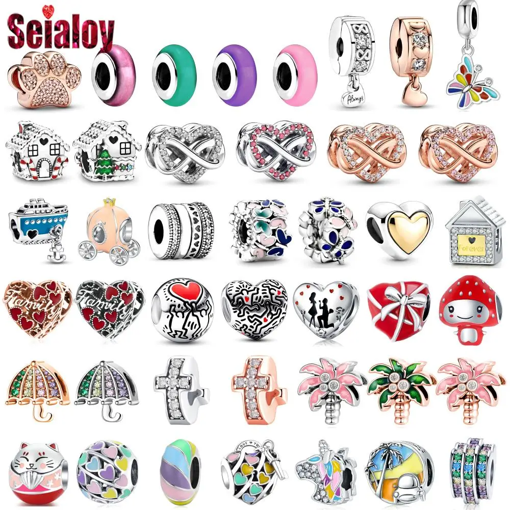 Seialoy 2Pcs/lot Silver Color heart Beads Christmas House Charm Butterfly Pendant Fit DIY Jewelry's Accessories