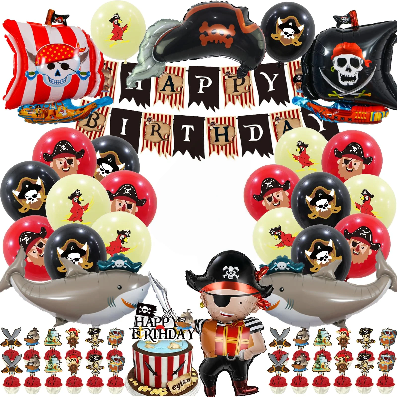 Piraten-Geburtstagsparty-Dekorationen, 38-teilig mit Banner, Luftballons, Cupcake-Topper, Schiffs- und Hai-Folienballons