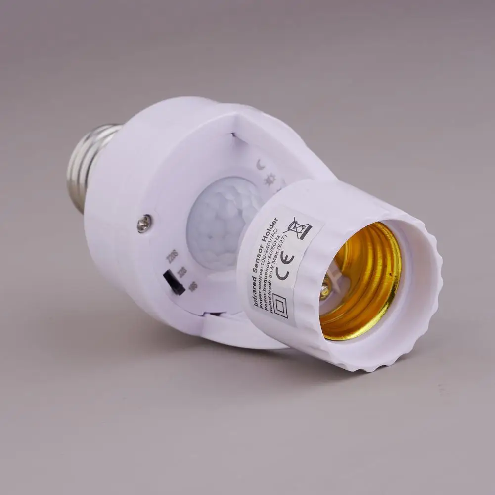 E27 LED Light Bulb Holder with PIR Infrared Motion Sensor Screw Socket Lamp Switch 360 Degrees Adjustable Detection Button