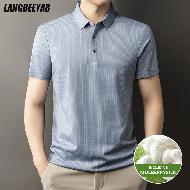 

Top Grade Mulberry Silk Anti-wrinkle New Summer Stripped Brand Polo Shirt Short Sleeve Casual Tops Fashions Mens Clothes 2025