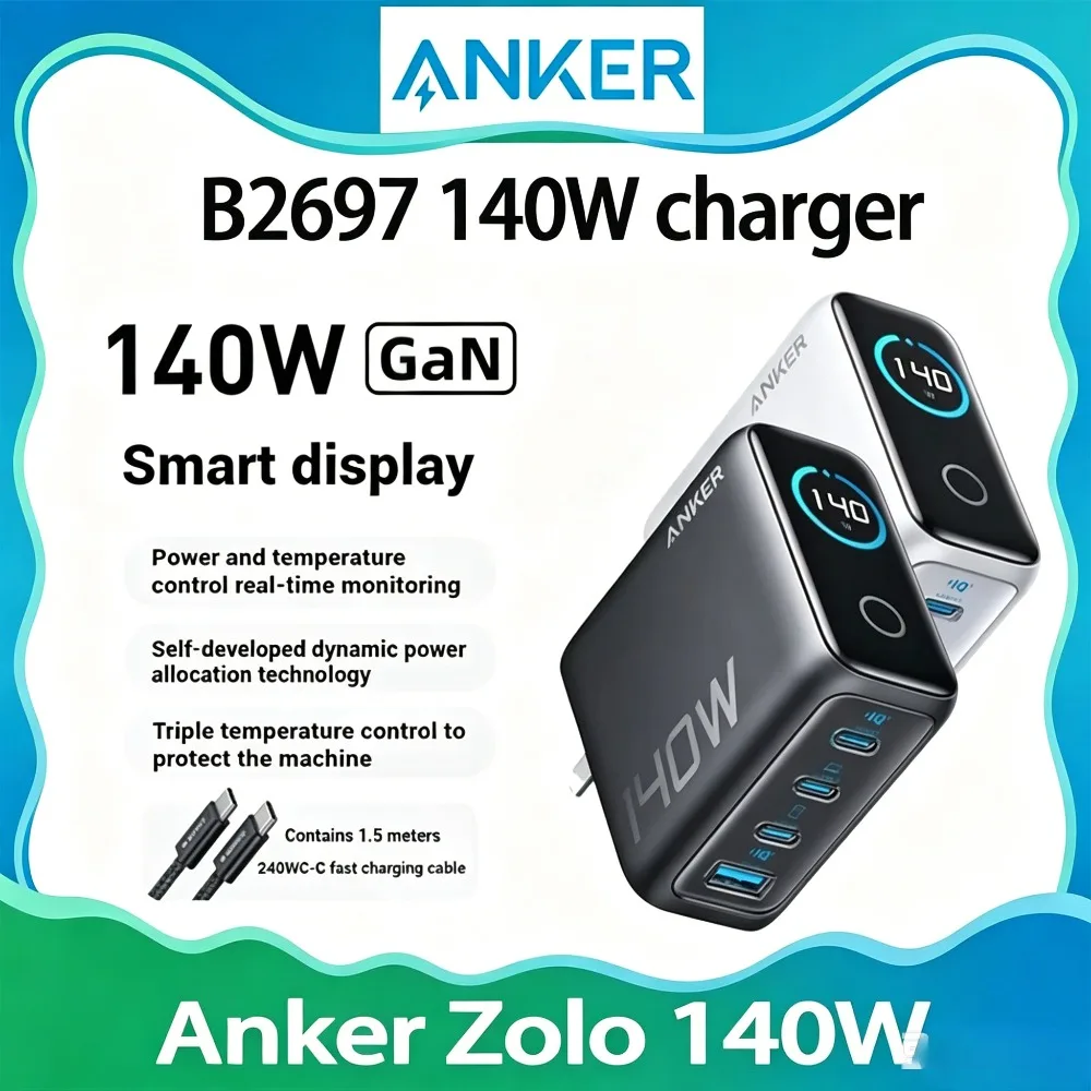 Anker B2697 Zolo 140W GaN Wall Charger Smart Display Multi Port USB C Fast Charger With 1.5M 240W USB-C Cable for Laptop Phone