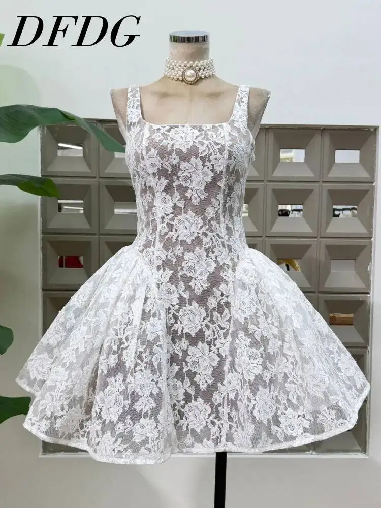 

DFDG Women 2026 Spring Summer Sheer Floral Lace Spaghetti Strap Dress Square Neck Slim Waist Fluffy A Line Party Evening Dress