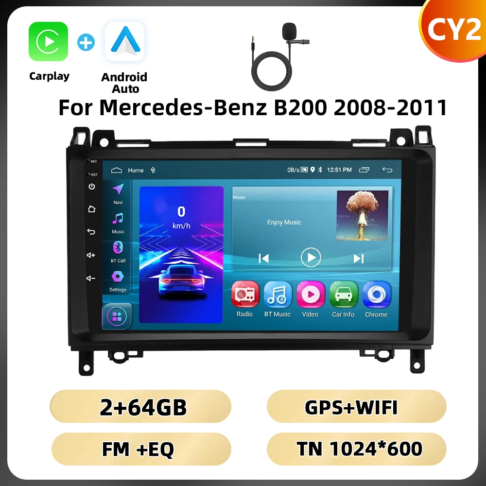 Podofo 8 128G 2din Autoradio Voor Mercedes-Benz B200 2008-2011 Multimediaspeler Navigatie Carplay Android Auto Rds Auto Audio
