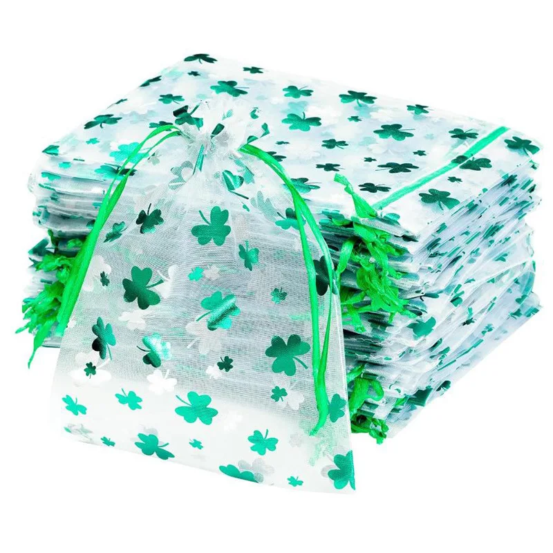 100pcs/lot Green Clover Organza Bags Drawstring Gift Pouches for Candy Pearl Wedding Party Jewelry Gift Packaging Mesh Bag