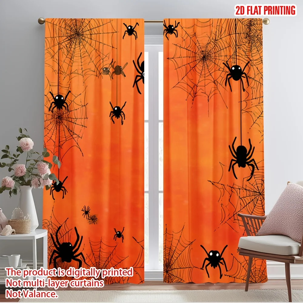 2PCS Halloween Curtains, Orange Spider Web, Digital Print, Bedroom Living Room, Office, Kitchen, Bathroom, Dining Room