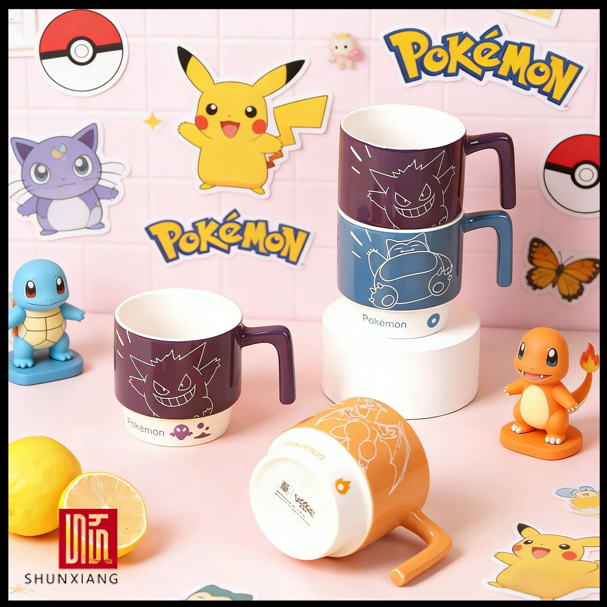 Taza Apilable Pokémon de Cerámica SHUNXIANG de 330 ml, Tazas con Asa de Pikachu y Snorlax, Taza Creativa para el Hogar, Regalo de Cumpleaños, para Parejas