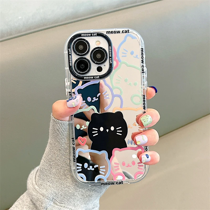 Cute Hello Cat Plating Mirror Painte Lines Phone Case For iPhone 16 15 Pro 14 13 12 11 Pro Max Soft Silicone Hard Cover Capa Y2k