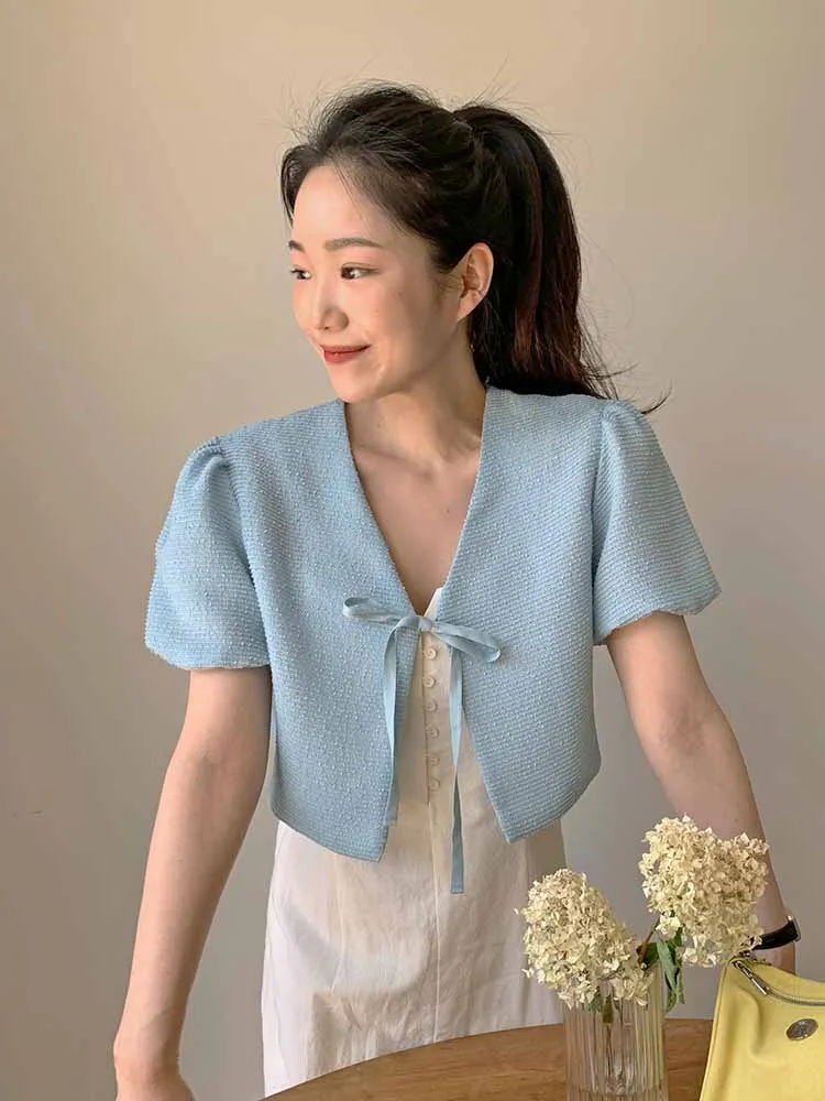 Top da donna Small Fraance Sle Tweed Jaet ort Design Bubble Sve V-Ne ort Sve per donne piccole