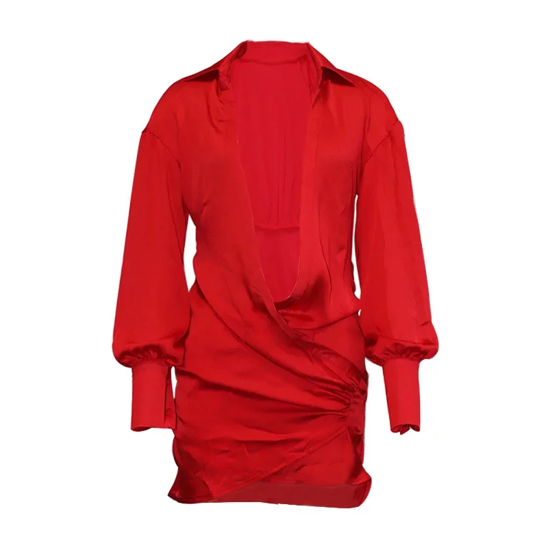 

New Sexy Deep V-Neck Solid Color Long Sleeved Hip Hugging Mini Dress