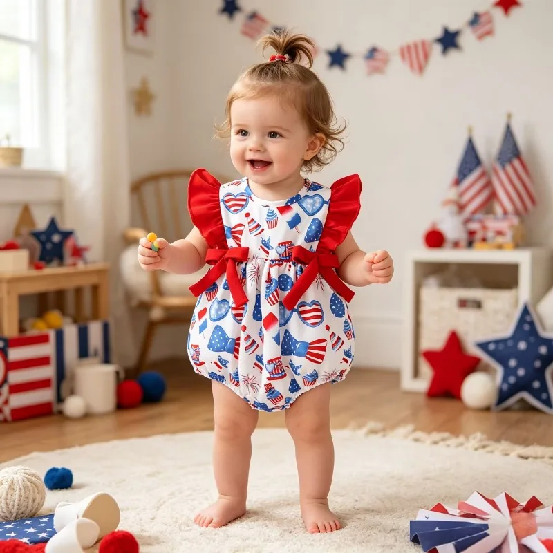 Baby Girl 4th of July Patriotic Romper White Sleeveless Puff Sleeve Onesie with American Flag Heart Print and Red Bows Outfit
